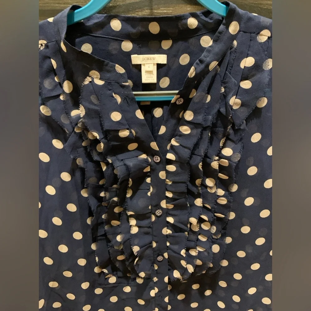 J. CREW 100% Silk Navy and Tan Sheer Polka Dot Blouse, Size 6 Like New